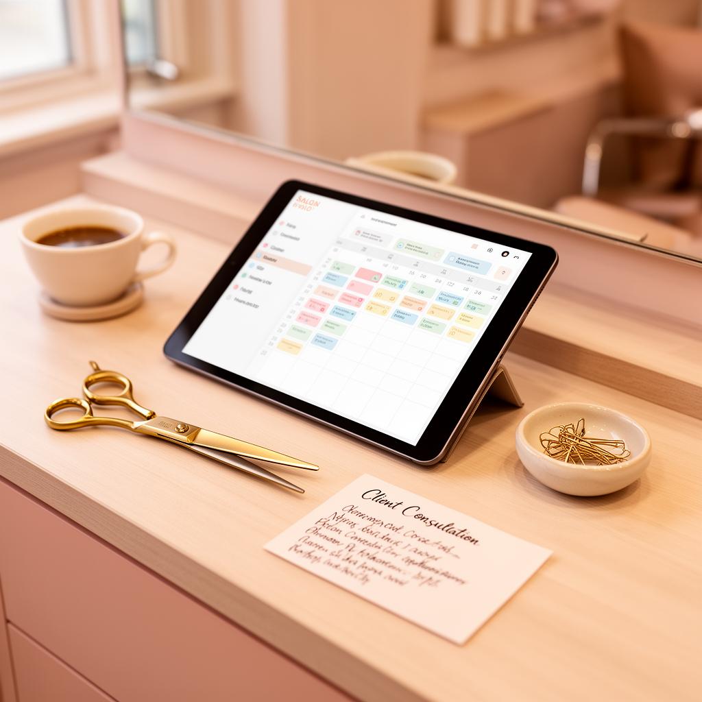 Smartphone showing a salon appointment booking screen on a warm cream stone flat-lay with a succulent and brass scissors.