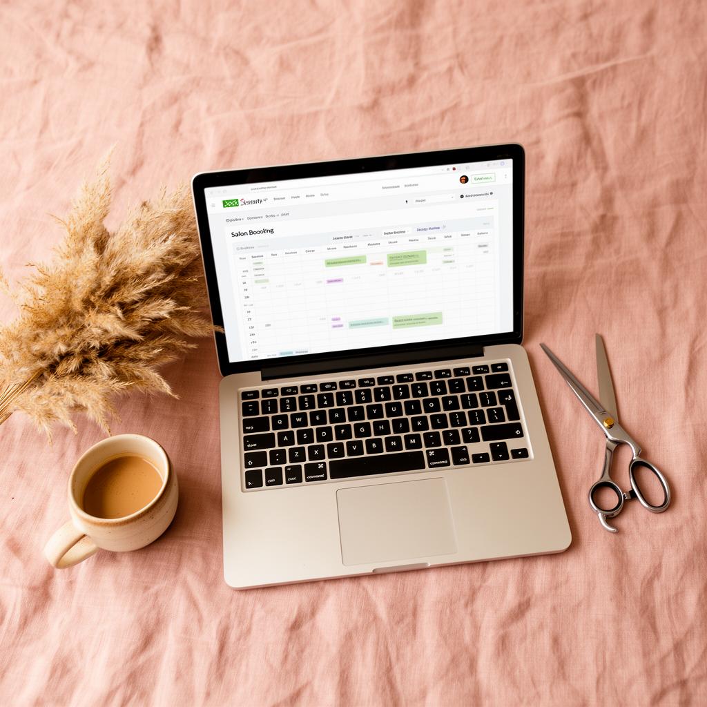 Open laptop showing a salon booking calendar on a soft blush linen flat-lay with pampas grass and shears.