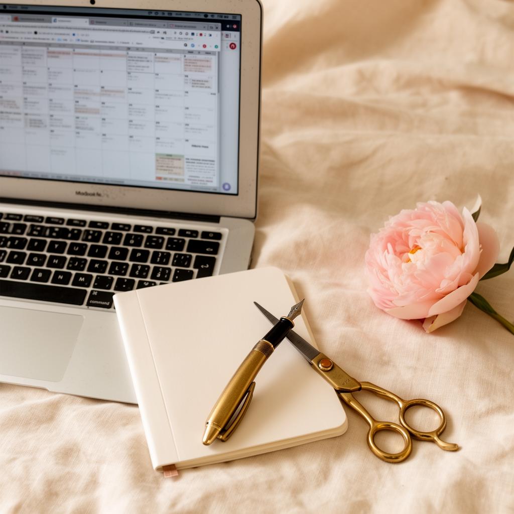 Open laptop showing a crowded calendar beside a blank notebook, fountain pen, brass salon shears, and a blush peony on warm cream linen.