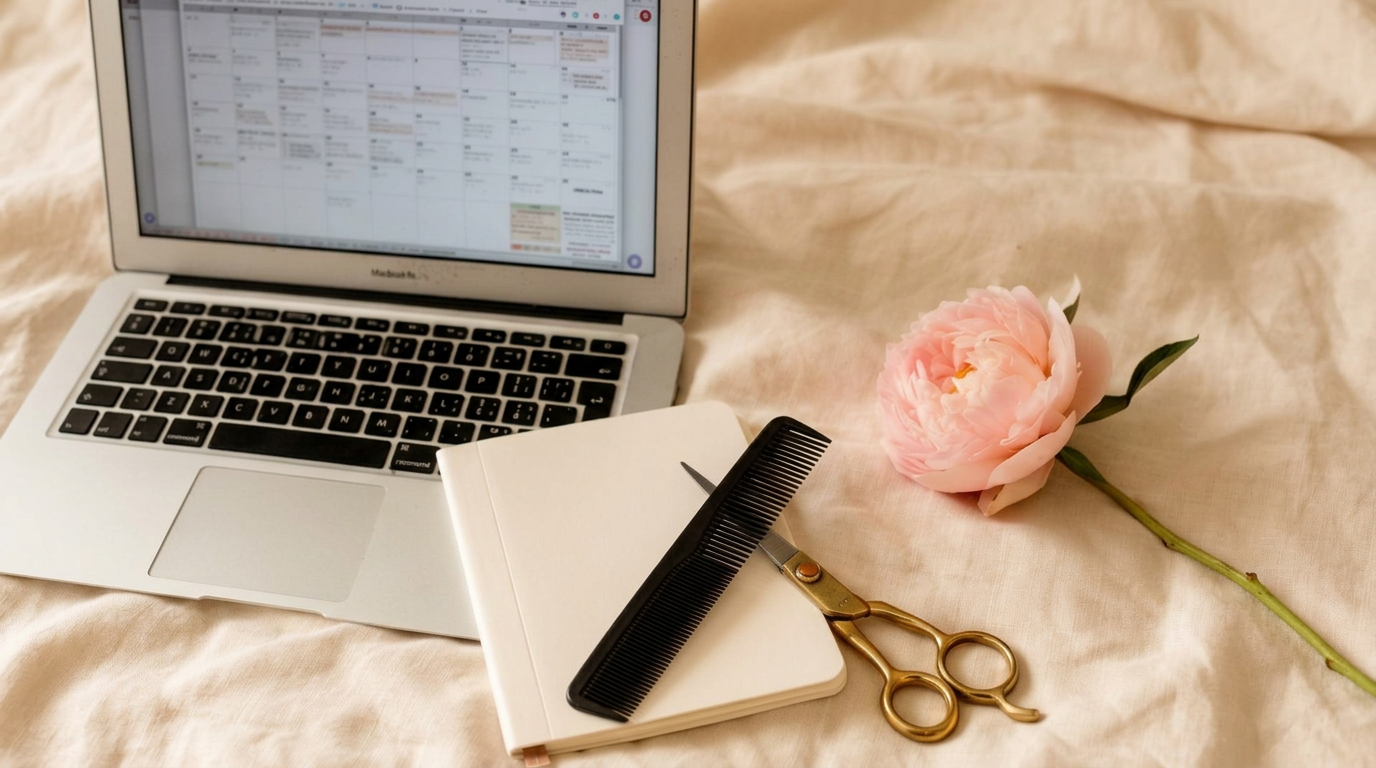 Open laptop showing a crowded calendar beside a blank notebook, fountain pen, brass salon shears, and a blush peony on warm cream linen.