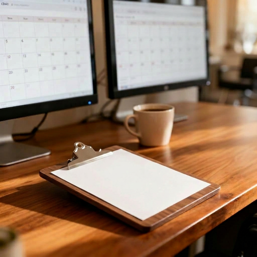 Salon front desk with two monitors showing calendar views, a wooden clipboard with a blank intake sheet, and a coffee cup on warm wood.