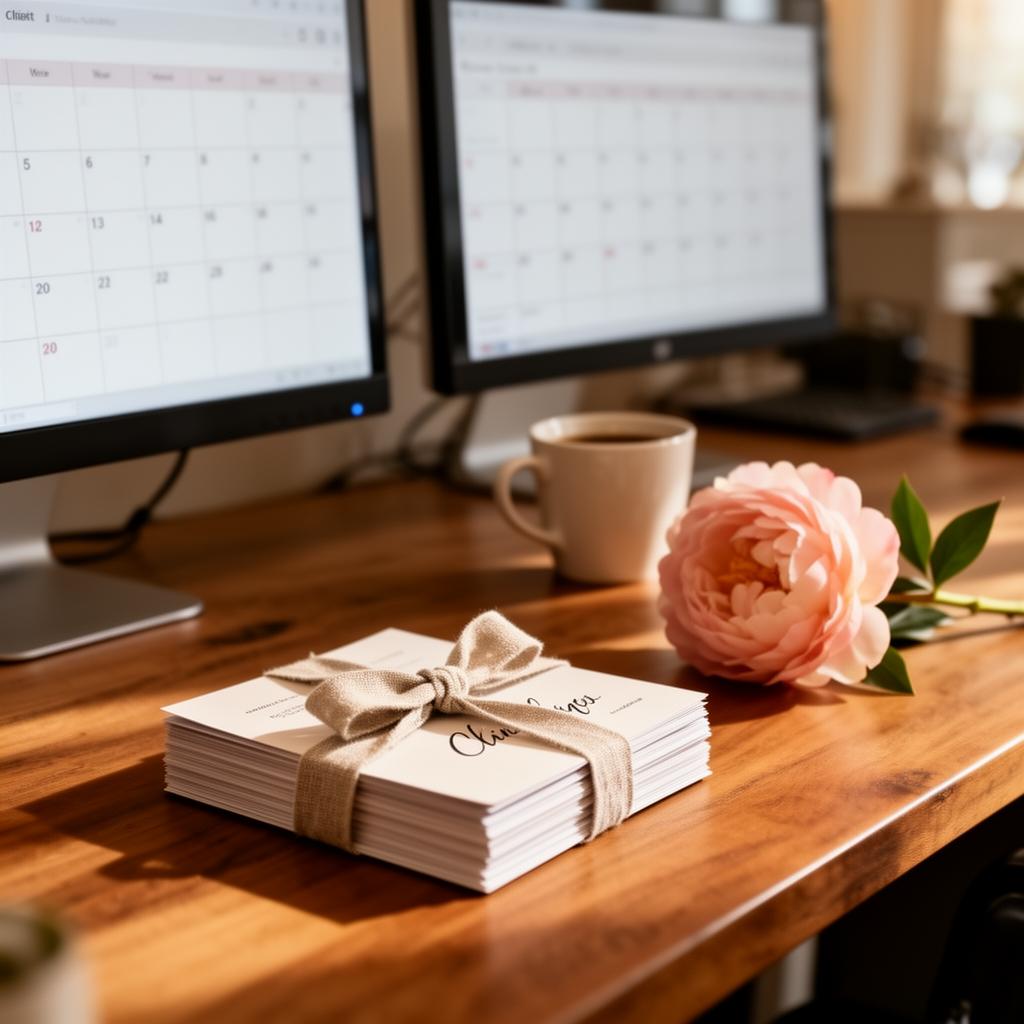 Salon front desk with two monitors showing calendar views, a stack of ribbon-tied client cards, a coffee cup, and a blush peony on warm wood.