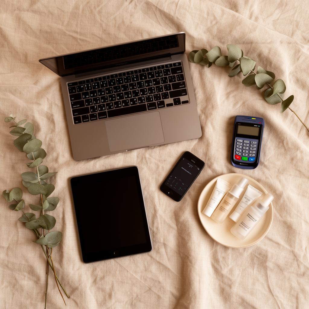 Laptop, tablet, smartphone, card payment reader, and retail product testers arranged on a soft beige linen background with eucalyptus.