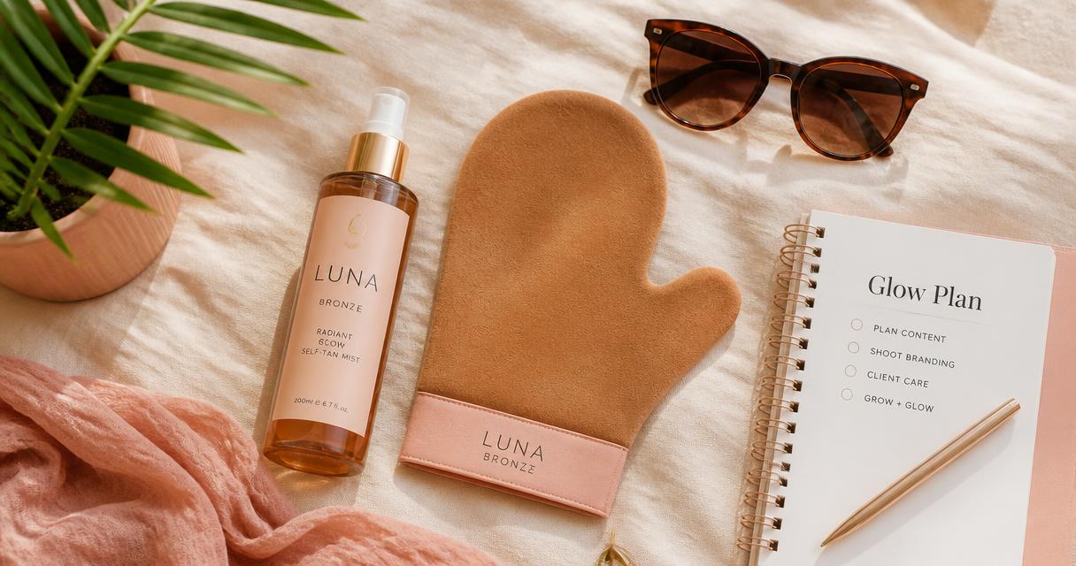 Self-tan mist, tanning mitt, sunglasses, and a notebook arranged on warm cream linen with blush accents.